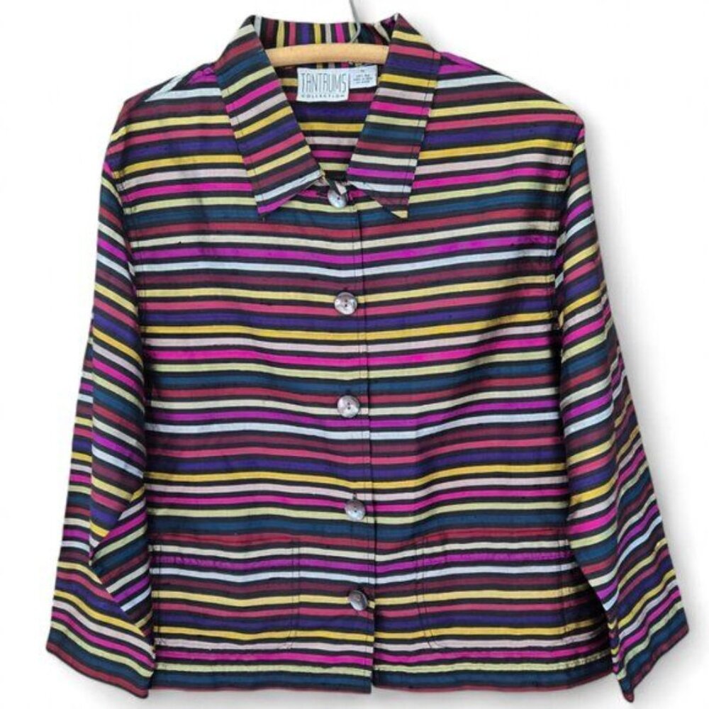 Tantrums Collection Womens Multicolor Striped 100% Silk Button-Up Jacket Medium